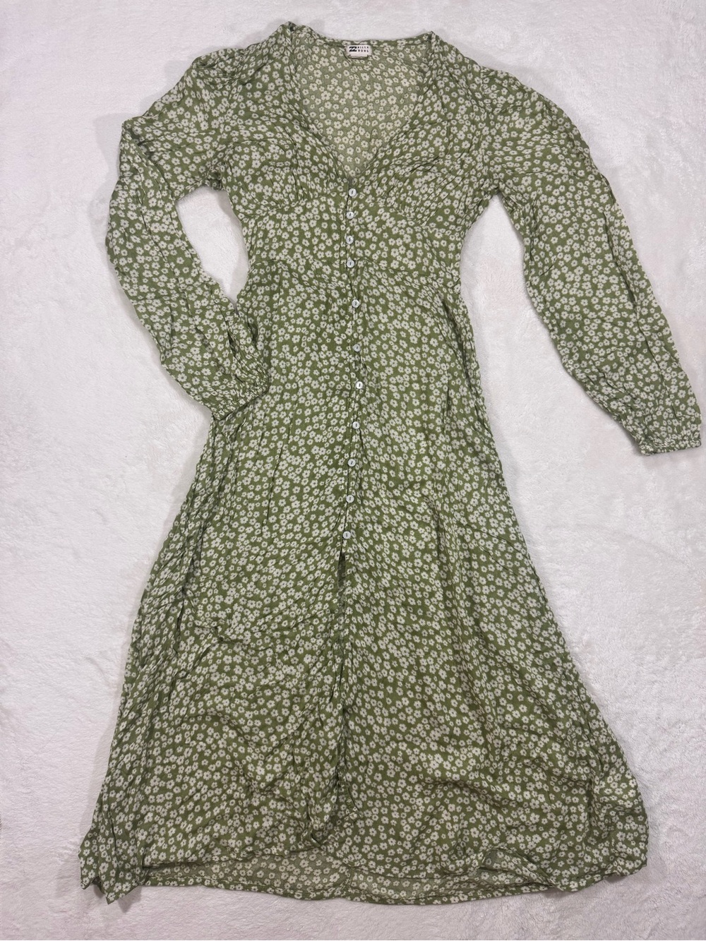 Billabong Olive Green Floral Button Front Long Sleeve Maxi Dress XS